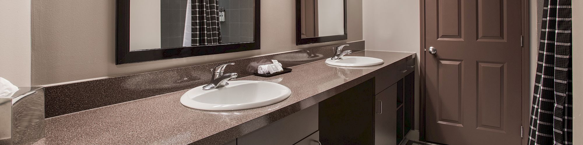 The image shows a modern bathroom with double sinks, mirrors, overhead lights, a wooden door, and a checkered shower curtain on the right.