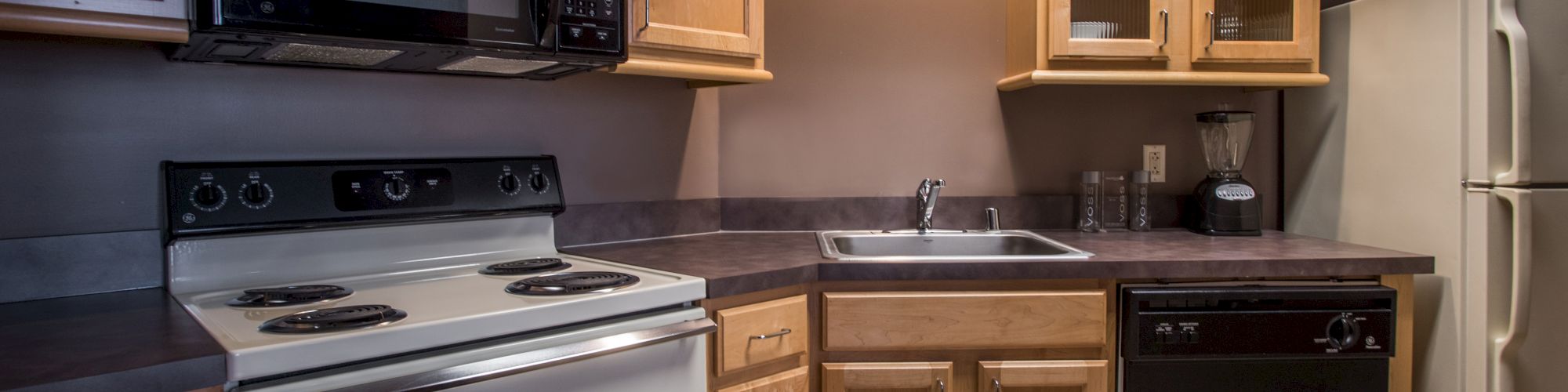 A kitchen with wooden cabinets, stove, microwave, sink, dishwasher, fridge, and a blender on the counter.