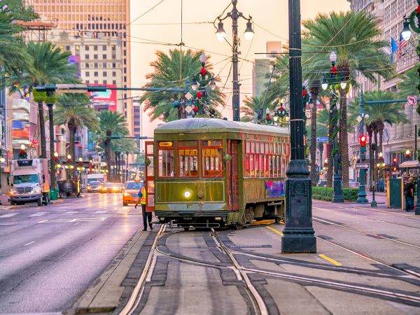 A streetcar travels down a palm-lined street in an urban area, with buildings and streetlights around, creating a vibrant cityscape.