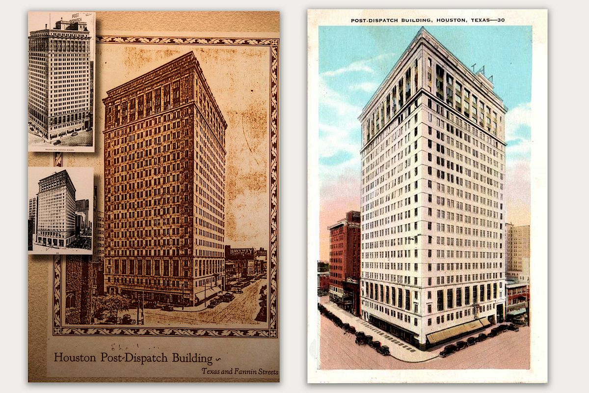 The image shows vintage illustrations of the Houston Post-Dispatch Building, featuring two different artistic renditions.