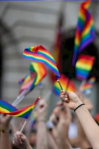 People waving rainbow flags, symbolizing LGBTQ+ pride, in a public setting.