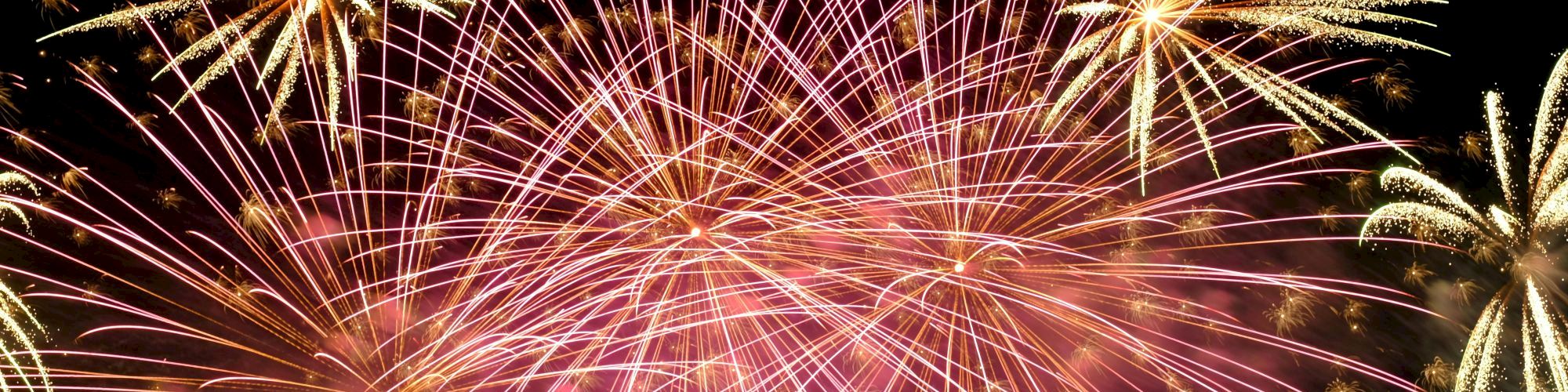 Bright fireworks bursting against a dark sky, showcasing vibrant colors and patterns in celebration.