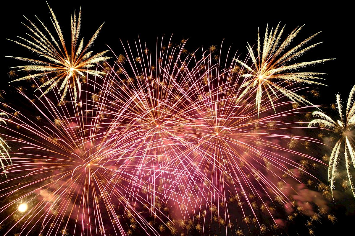 The image displays a vibrant fireworks display against a dark night sky, with bursts of pink and gold illuminating the scene.