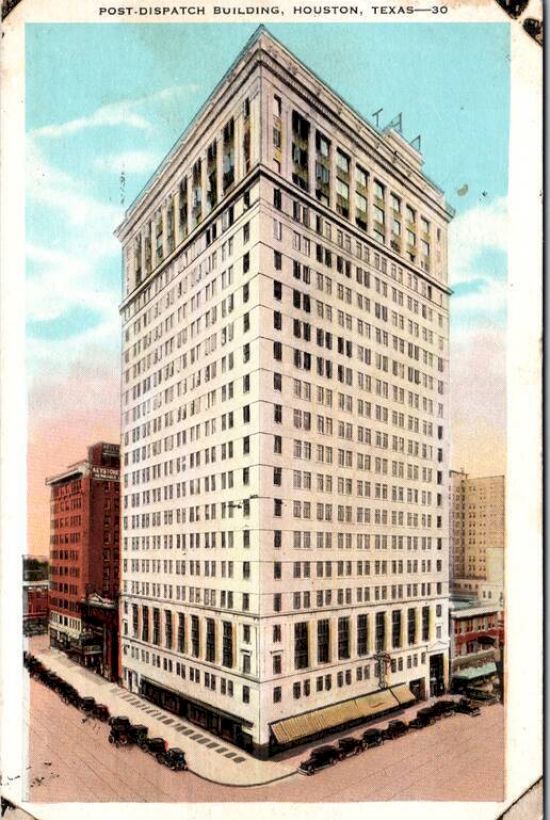The image shows a vintage postcard of the Post-Dispatch Building, a tall and prominent structure in Houston, Texas.