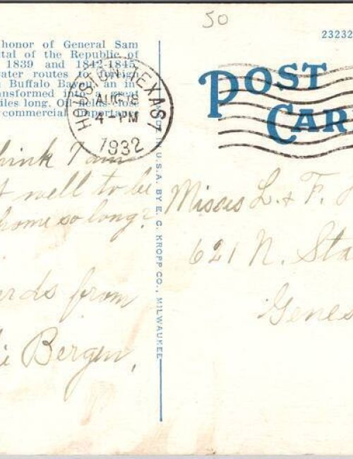 A vintage postcard with handwritten text, a stamp from 1932, and postmark from East Bernard, Texas, addressed to Geneseo, Illinois.